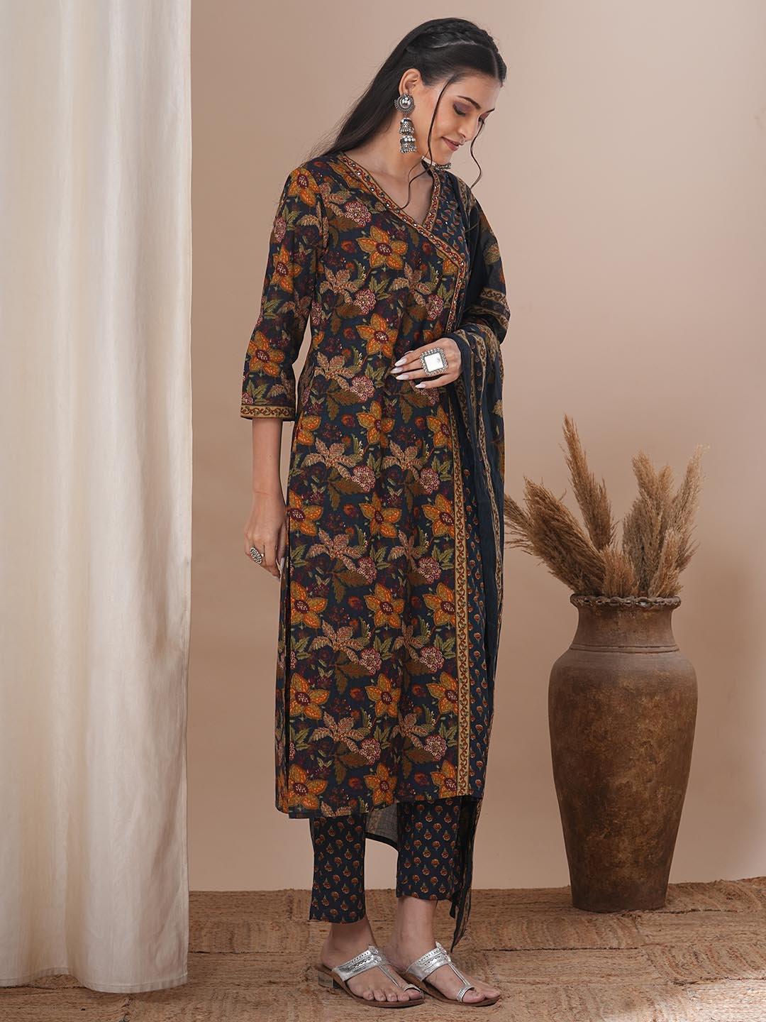 Ethnic Floral Printed & Embroidered Straight Kurta with Pant & Dupatta - Blue