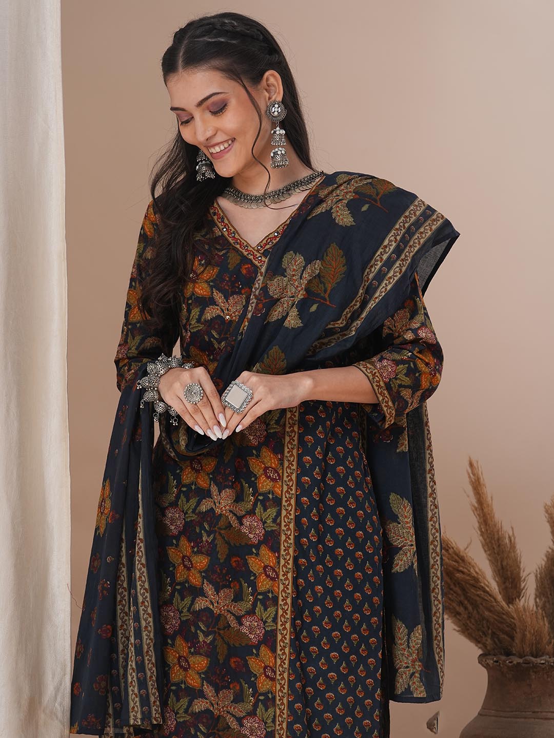 Ethnic Floral Printed & Embroidered Straight Kurta with Pant & Dupatta - Blue