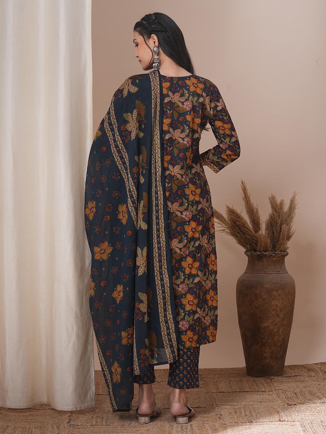 Ethnic Floral Printed & Embroidered Straight Kurta with Pant & Dupatta - Blue