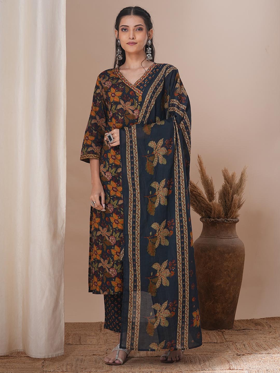 Ethnic Floral Printed & Embroidered Straight Kurta with Pant & Dupatta - Blue