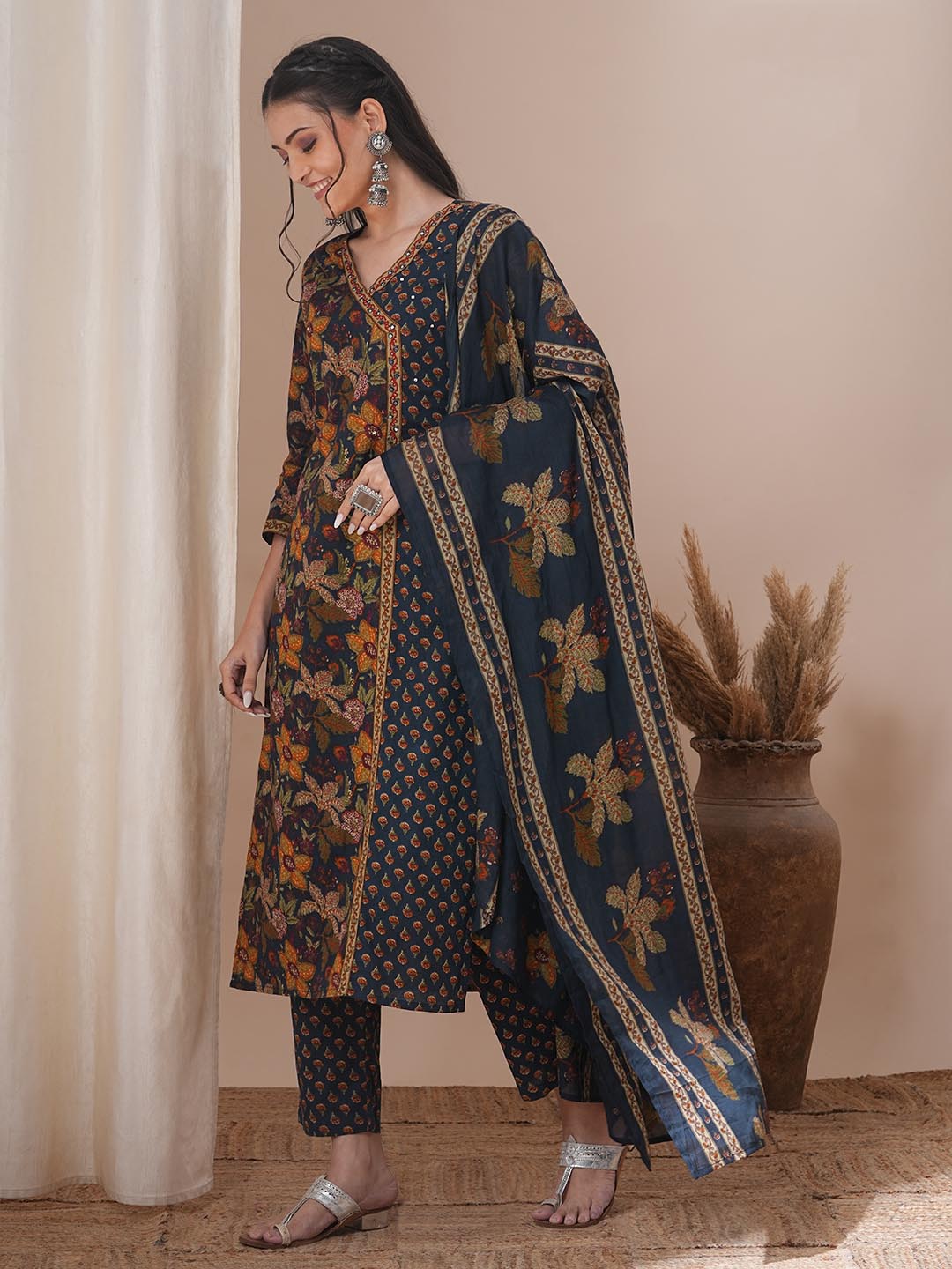 Ethnic Floral Printed & Embroidered Straight Kurta with Pant & Dupatta - Blue