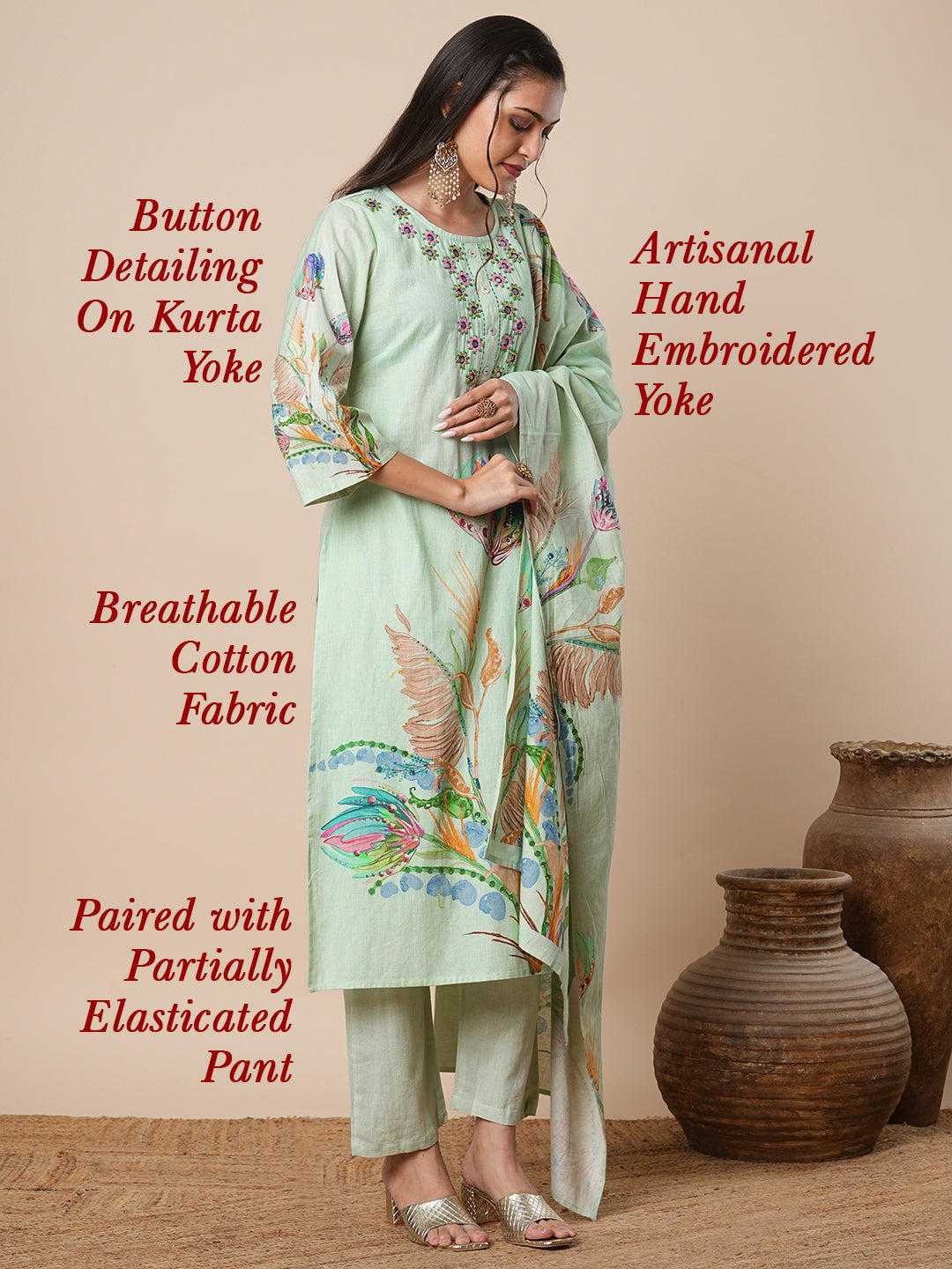 Floral Printed & Hand Embroidered Kurta with Pant and Dupatta - Pastel Green