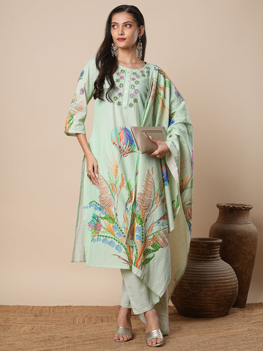 Floral Printed & Hand Embroidered Kurta with Pant and Dupatta - Pastel Green