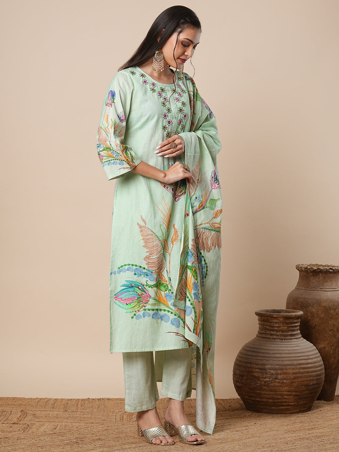 Floral Printed & Hand Embroidered Kurta with Pant and Dupatta - Pastel Green