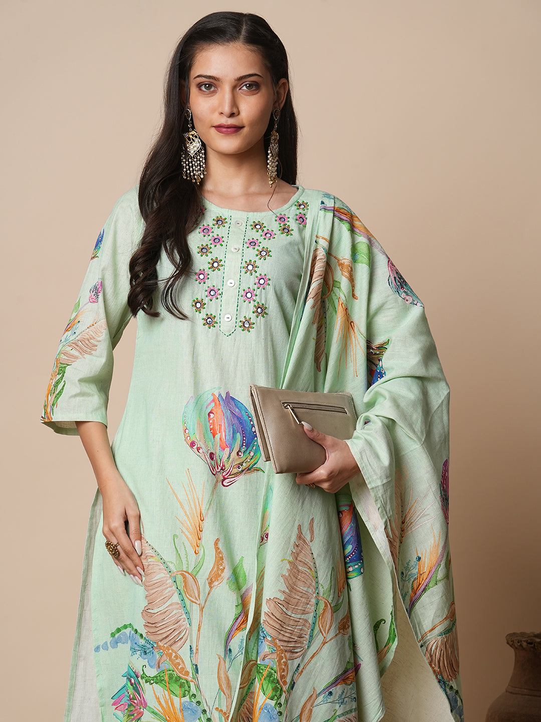Floral Printed & Hand Embroidered Kurta with Pant and Dupatta - Pastel Green