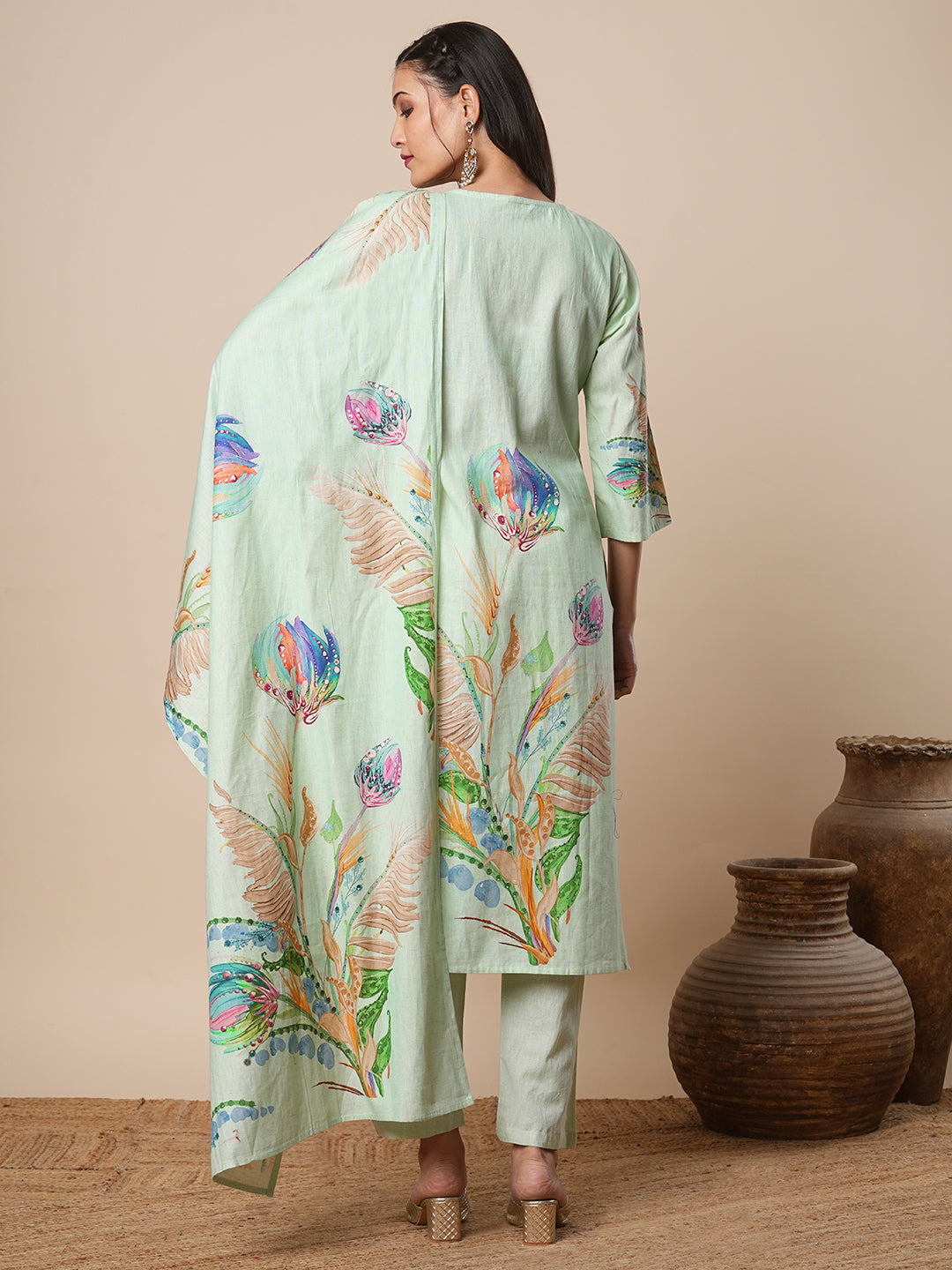 Floral Printed & Hand Embroidered Kurta with Pant and Dupatta - Pastel Green