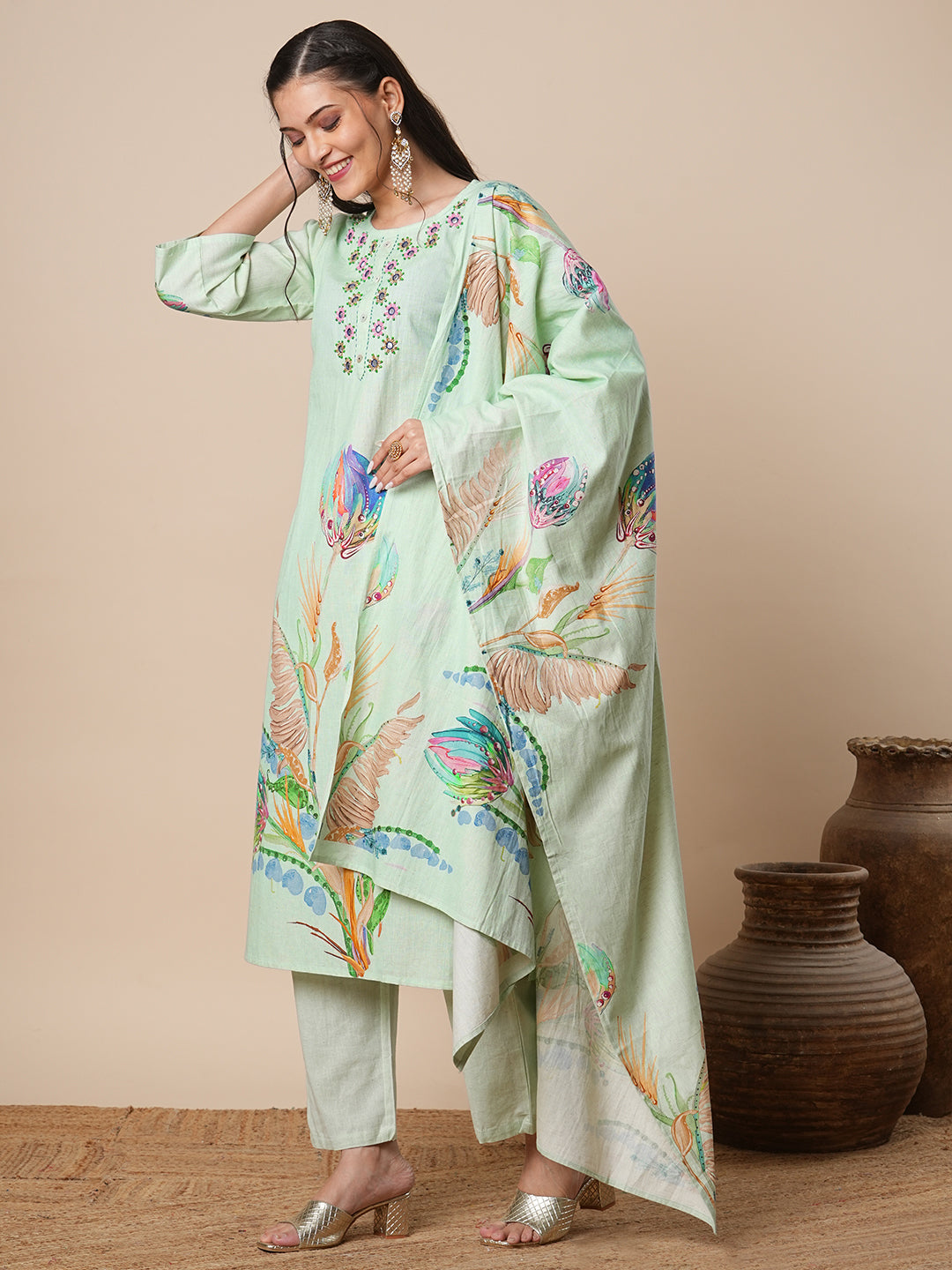 Floral Printed & Hand Embroidered Kurta with Pant and Dupatta - Pastel Green