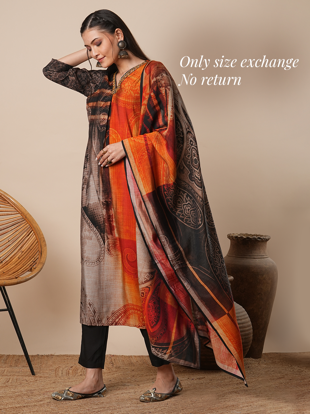 Abstract Floral Printed Straight Kurta with Pant & Dupatta - Black