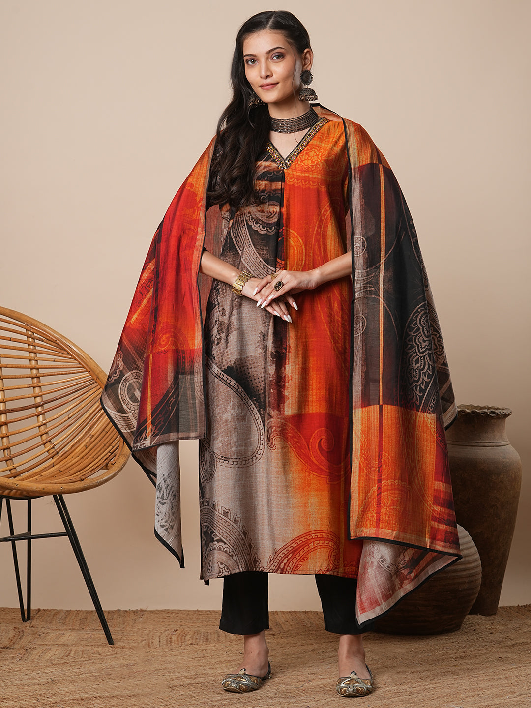 Abstract Floral Printed Straight Kurta with Pant & Dupatta - Black