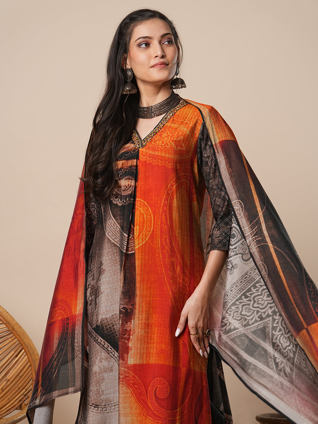 Abstract Floral Printed Straight Kurta with Pant & Dupatta - Black