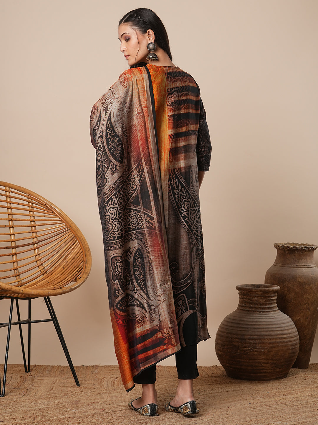 Abstract Floral Printed Straight Kurta with Pant & Dupatta - Black