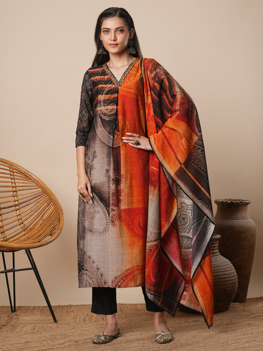 Abstract Floral Printed Straight Kurta with Pant & Dupatta - Black