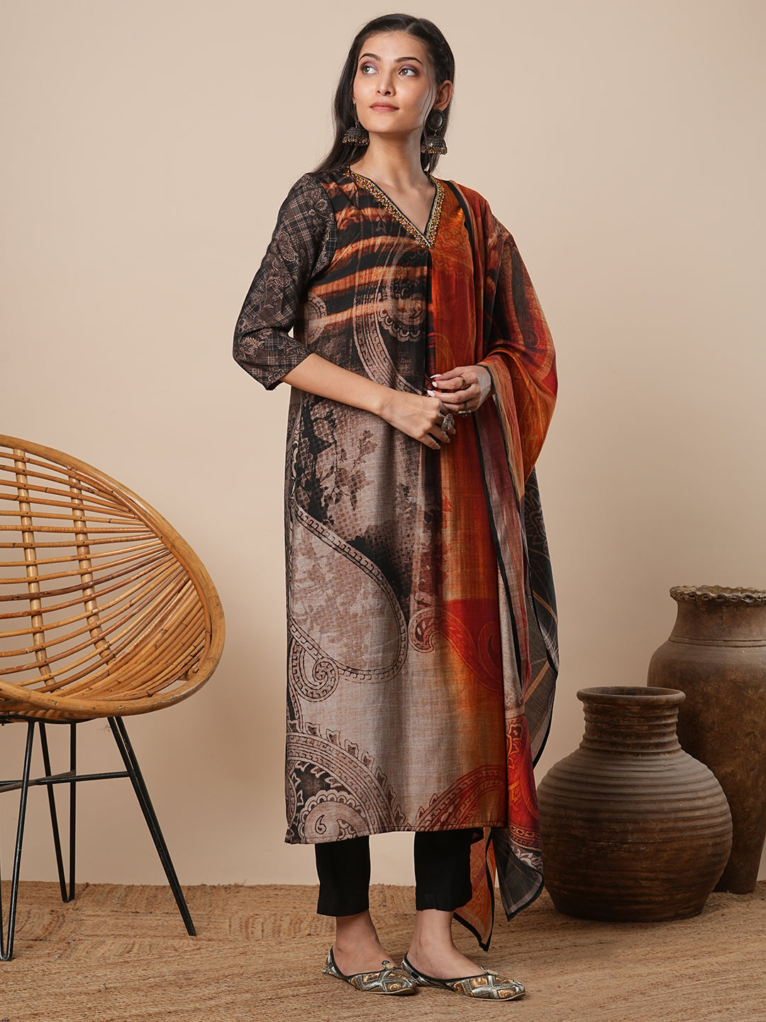 Abstract Floral Printed Straight Kurta with Pant & Dupatta - Black