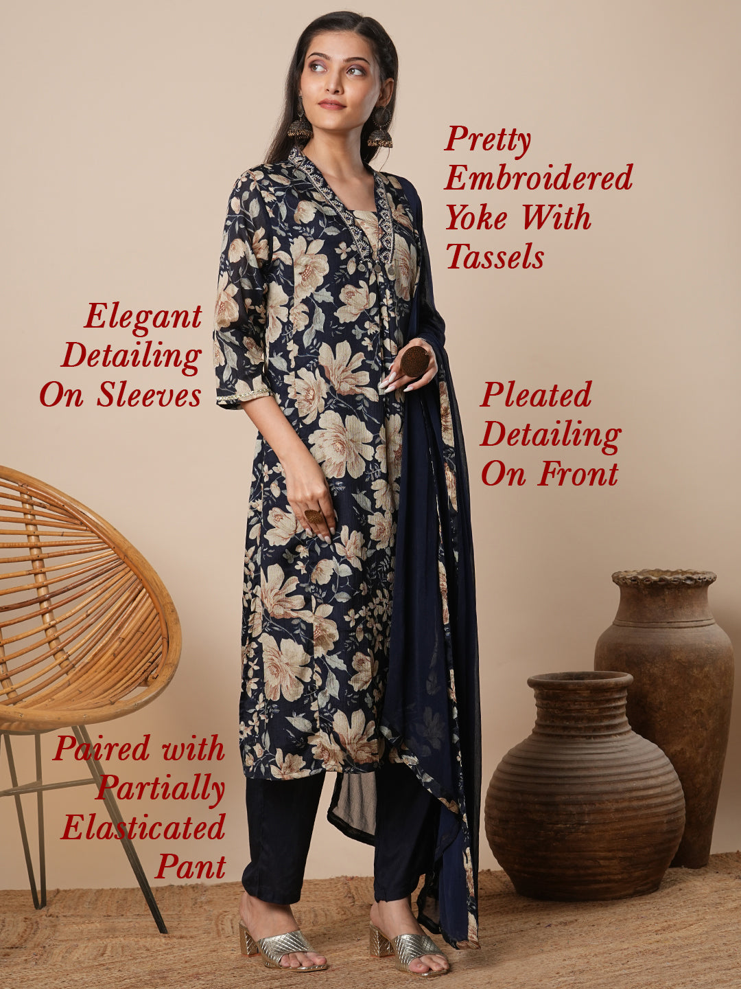 Floral Printed & Embroidered A-Line Kurta with Pant & Dupatta - Navy Blue