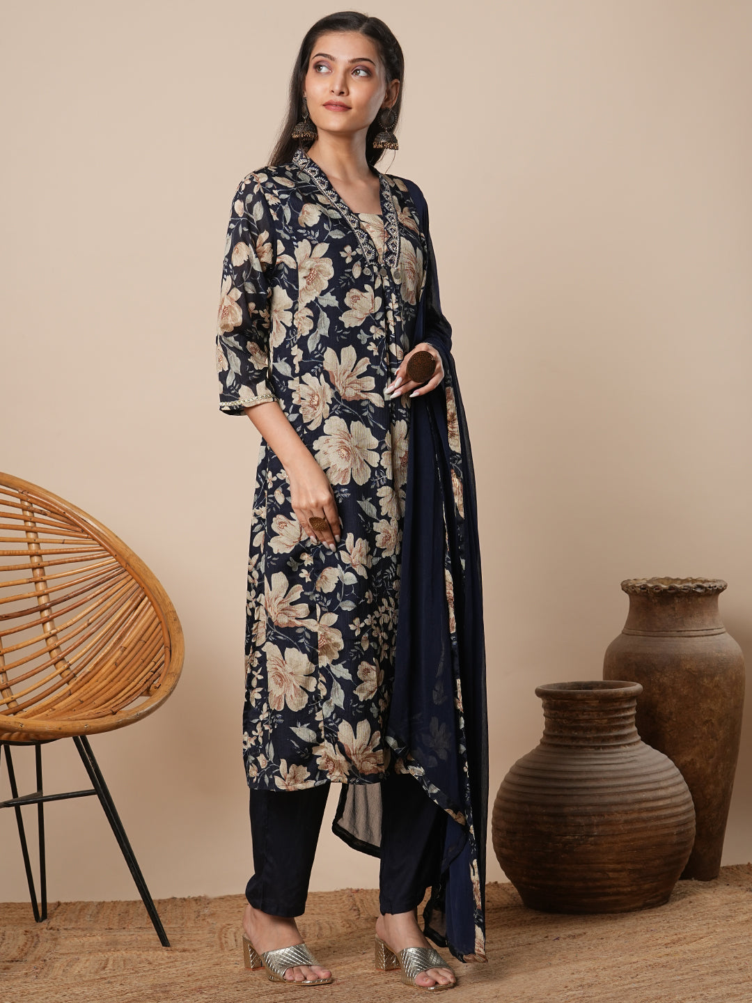 Floral Printed & Embroidered A-Line Kurta with Pant & Dupatta - Navy Blue