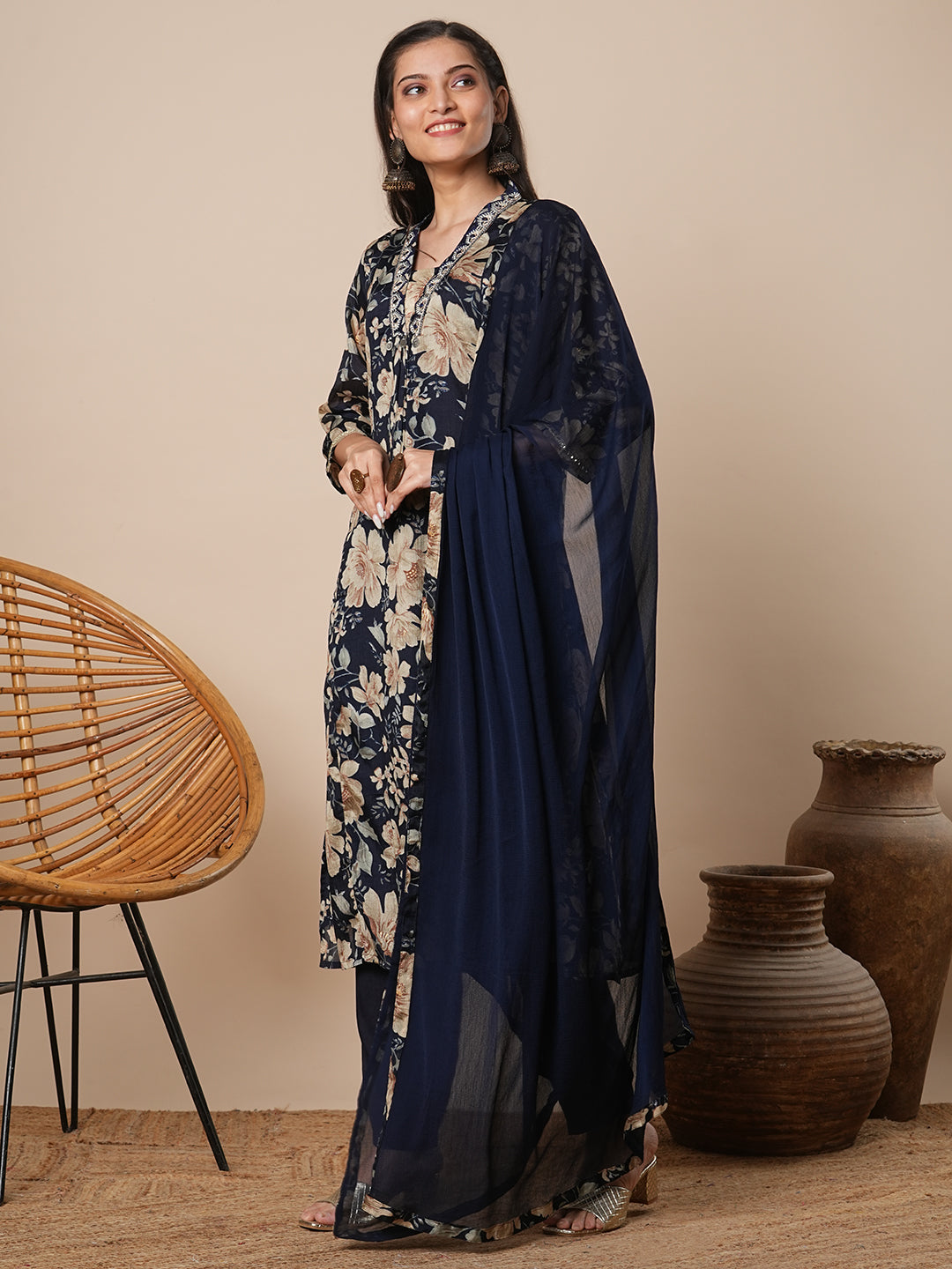 Floral Printed & Embroidered A-Line Kurta with Pant & Dupatta - Navy Blue