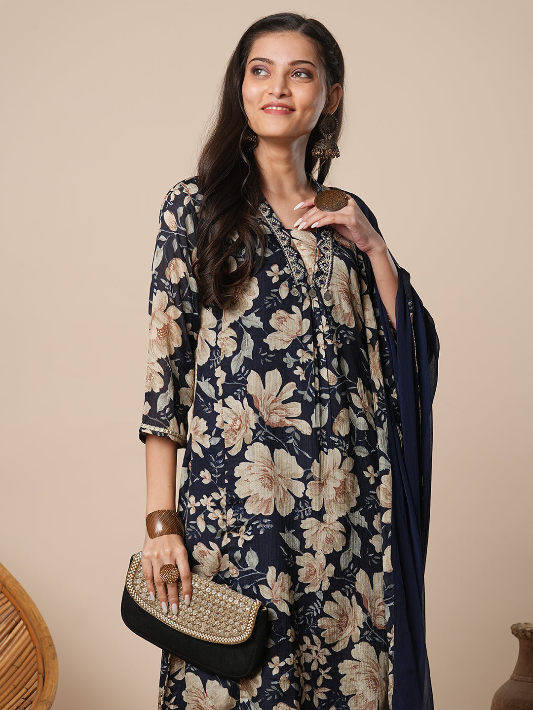Floral Printed & Embroidered A-Line Kurta with Pant & Dupatta - Navy Blue