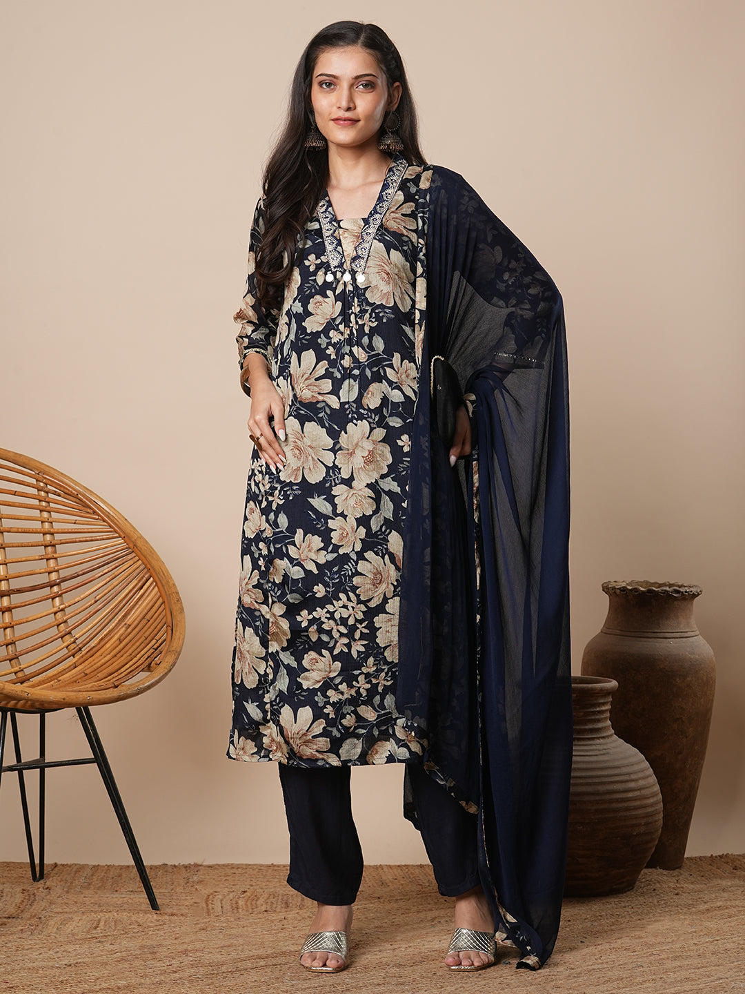 Floral Printed & Embroidered A-Line Kurta with Pant & Dupatta - Navy Blue