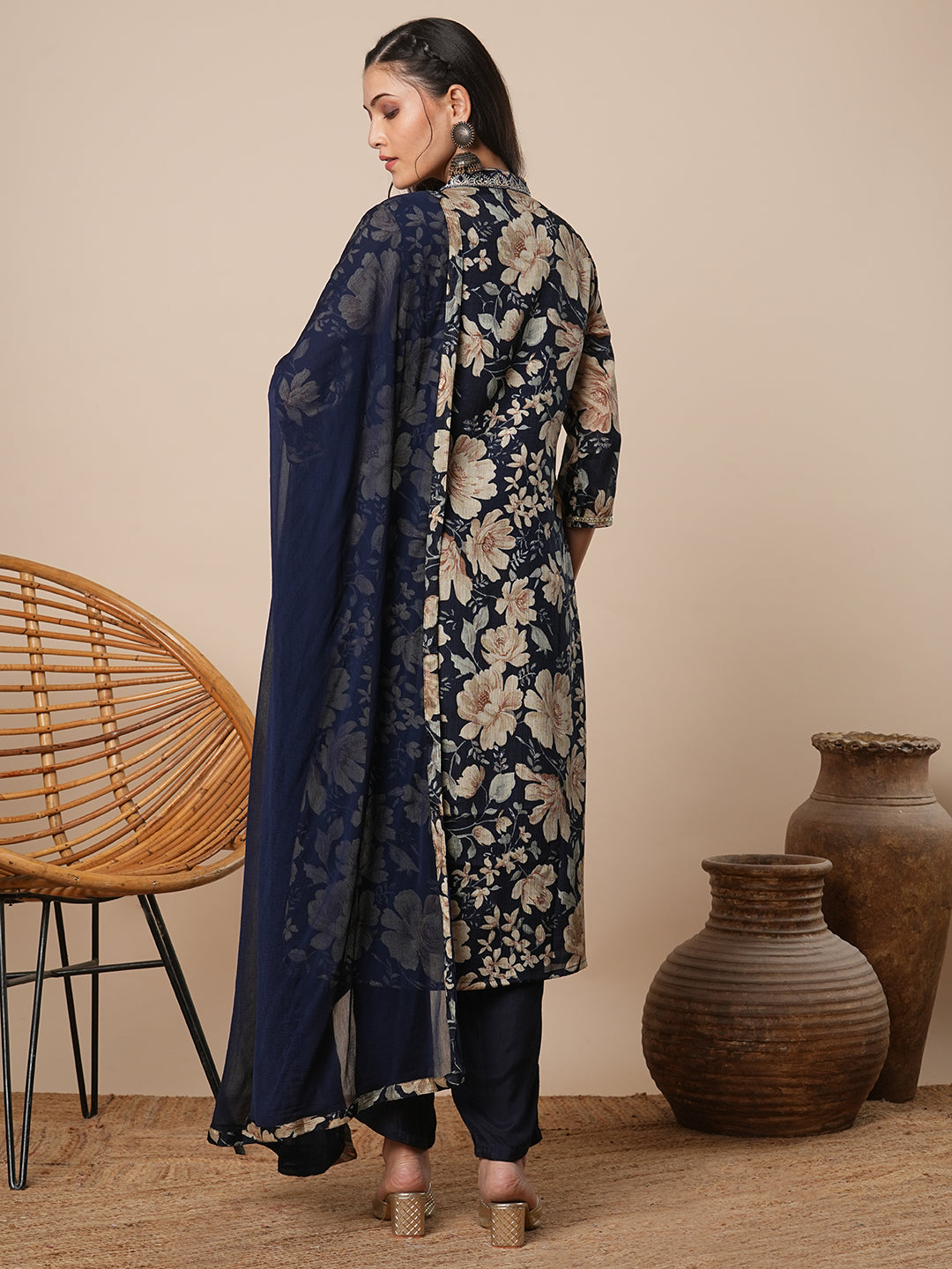 Floral Printed & Embroidered A-Line Kurta with Pant & Dupatta - Navy Blue