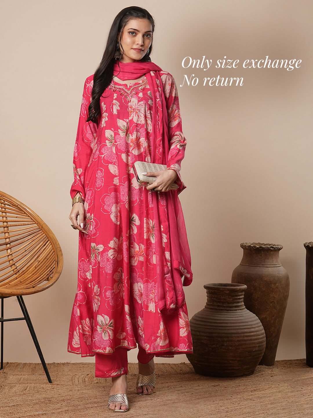 Abstract Floral Printed Embroidered Anarkali Flared Kurta with Pant and Dupatta - Pink