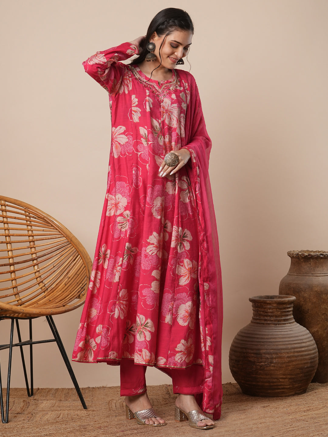 Abstract Floral Printed Embroidered Anarkali Flared Kurta with Pant and Dupatta - Pink