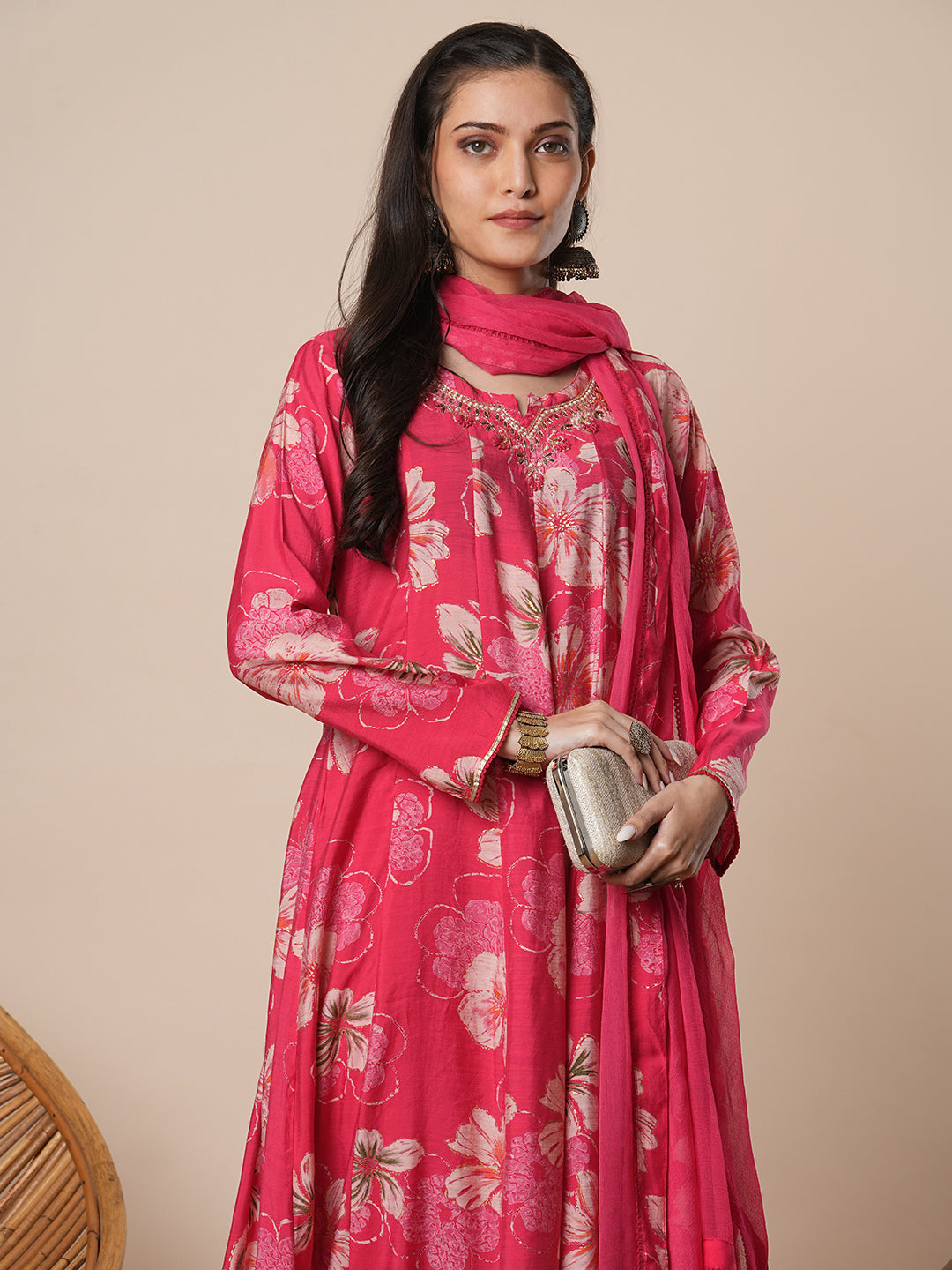 Abstract Floral Printed Embroidered Anarkali Flared Kurta with Pant and Dupatta - Pink