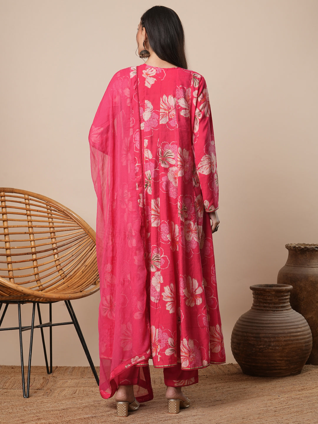 Abstract Floral Printed Embroidered Anarkali Flared Kurta with Pant and Dupatta - Pink