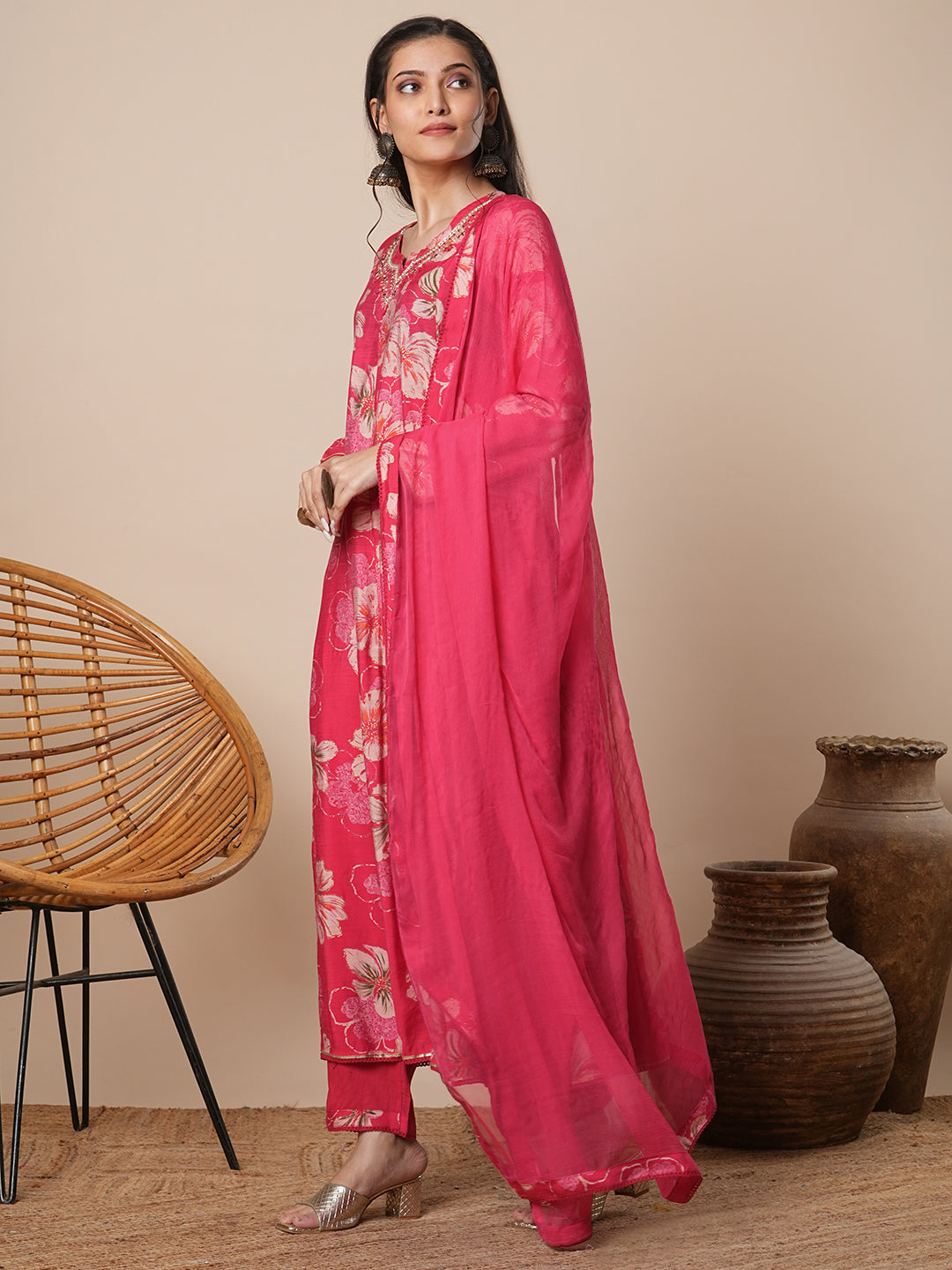 Abstract Floral Printed Embroidered Anarkali Flared Kurta with Pant and Dupatta - Pink