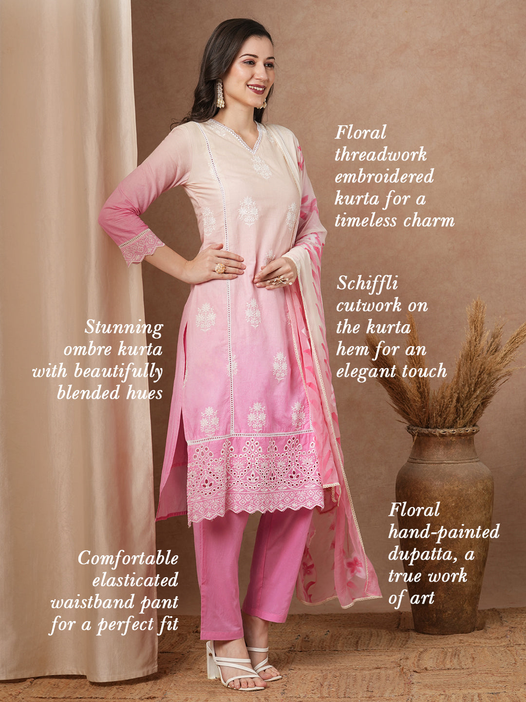 Ombre Dyed & Floral Embroidered Straight Fit Kurta with Pant & Hand Painted Dupatta - Pink