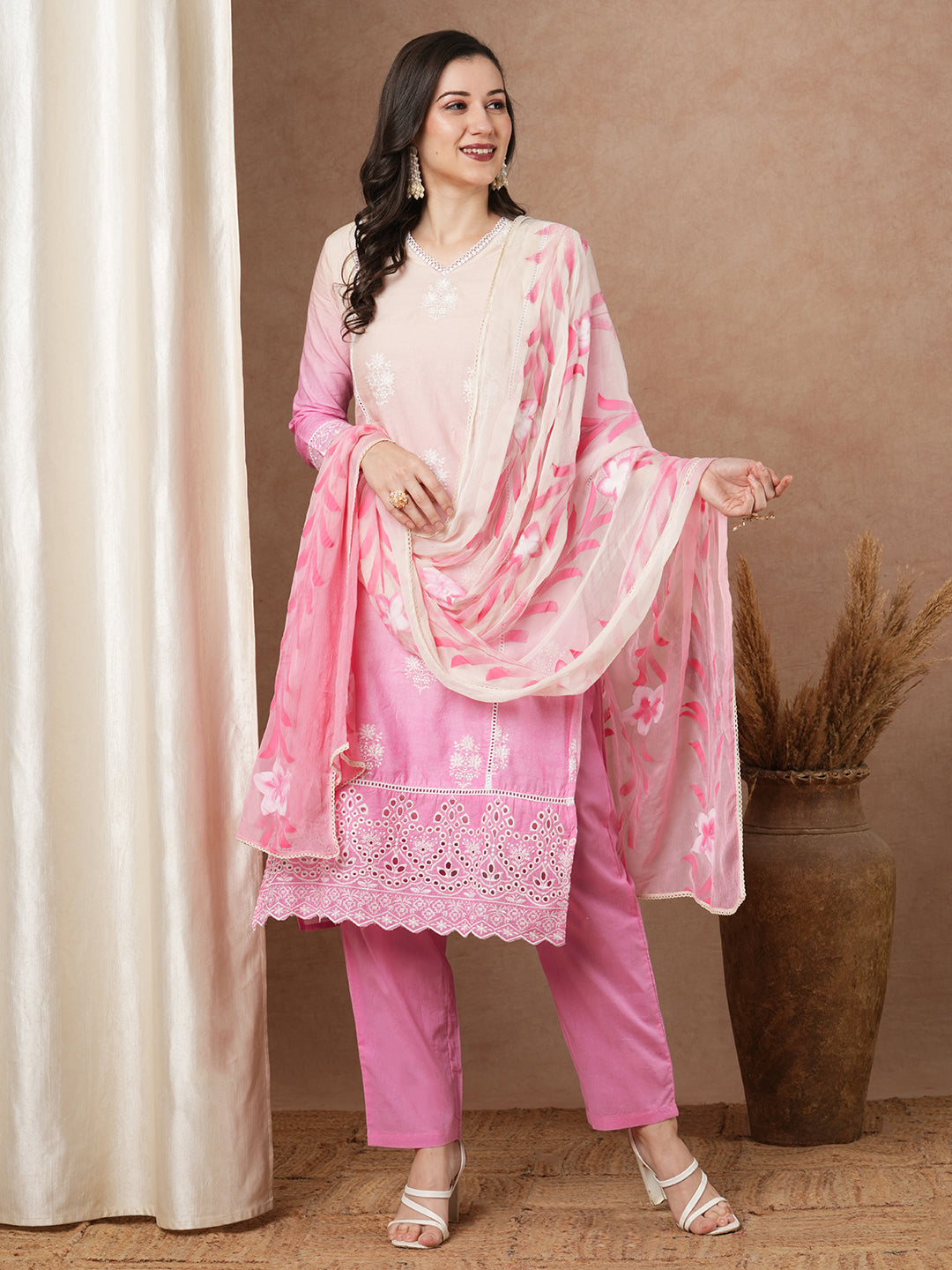Ombre Dyed & Floral Embroidered Straight Fit Kurta with Pant & Hand Painted Dupatta - Pink