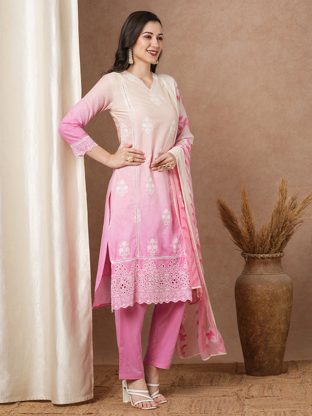 Ombre Dyed & Floral Embroidered Straight Fit Kurta with Pant & Hand Painted Dupatta - Pink