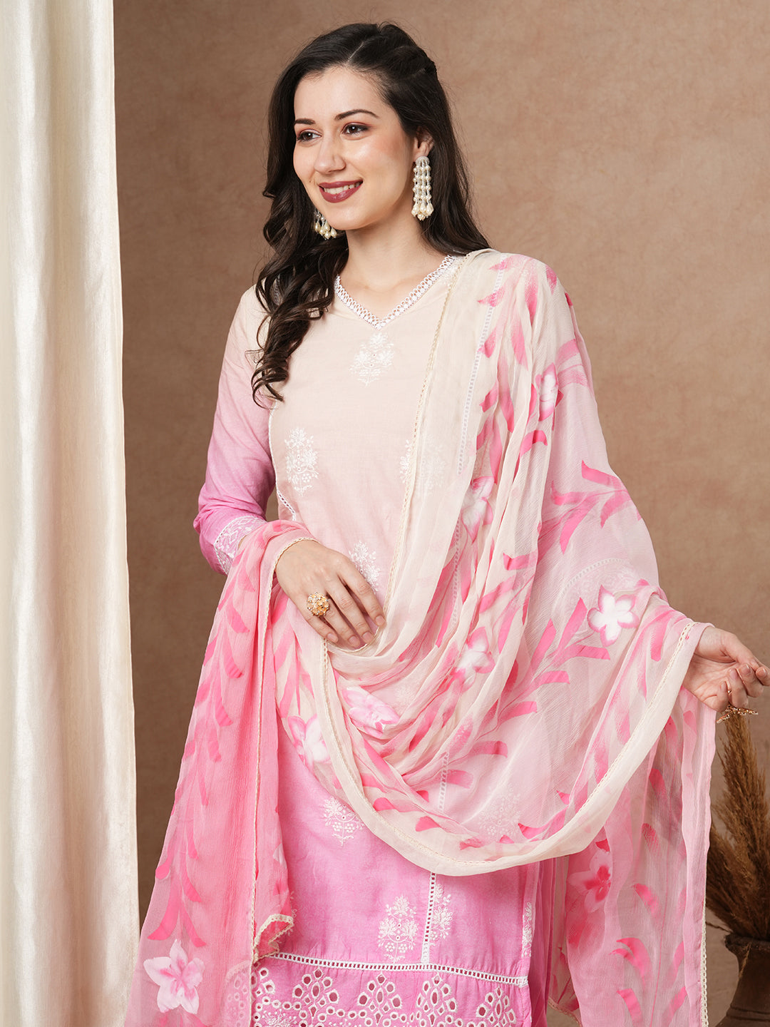 Ombre Dyed & Floral Embroidered Straight Fit Kurta with Pant & Hand Painted Dupatta - Pink