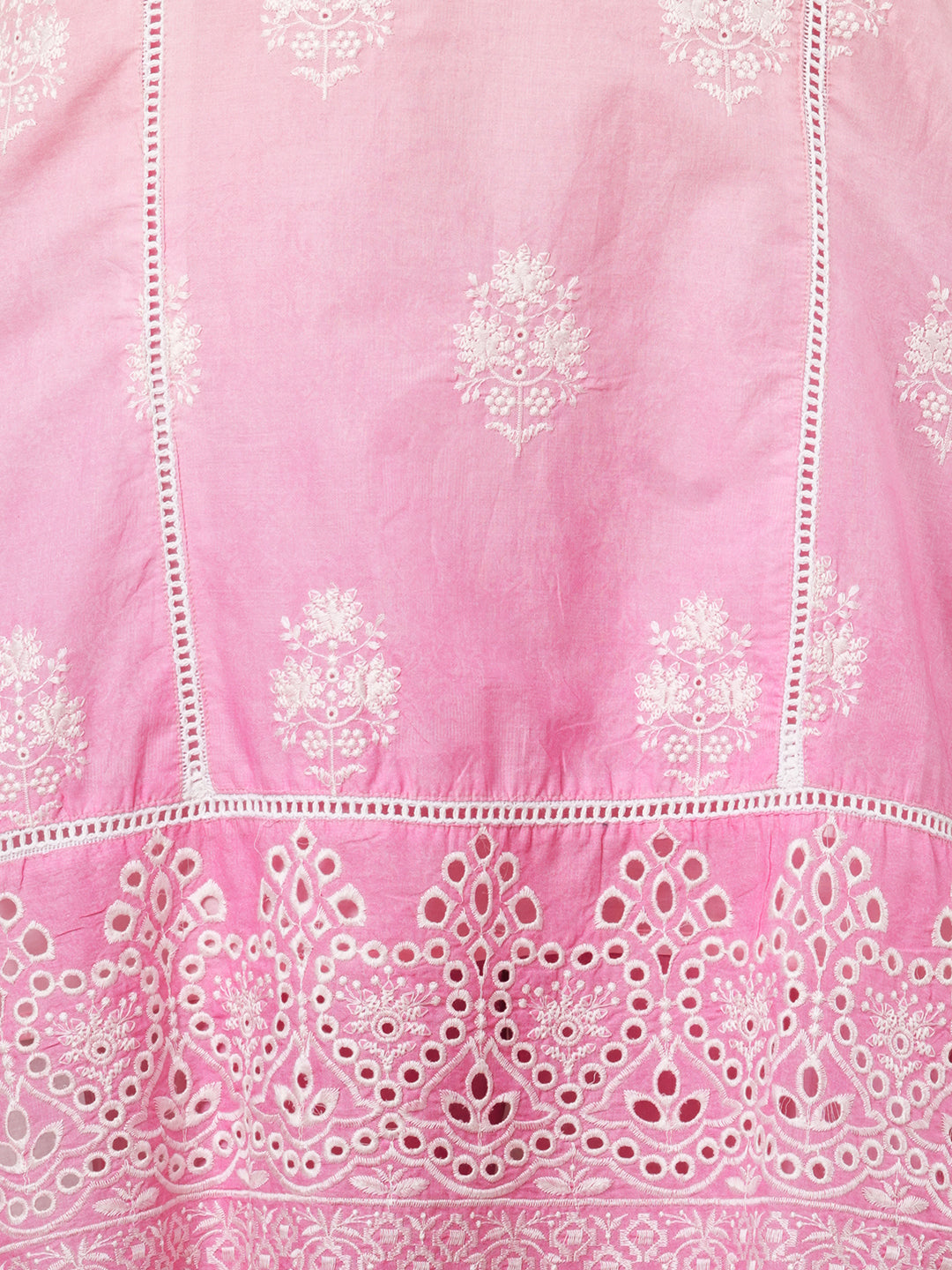 Ombre Dyed & Floral Embroidered Straight Fit Kurta with Pant & Hand Painted Dupatta - Pink