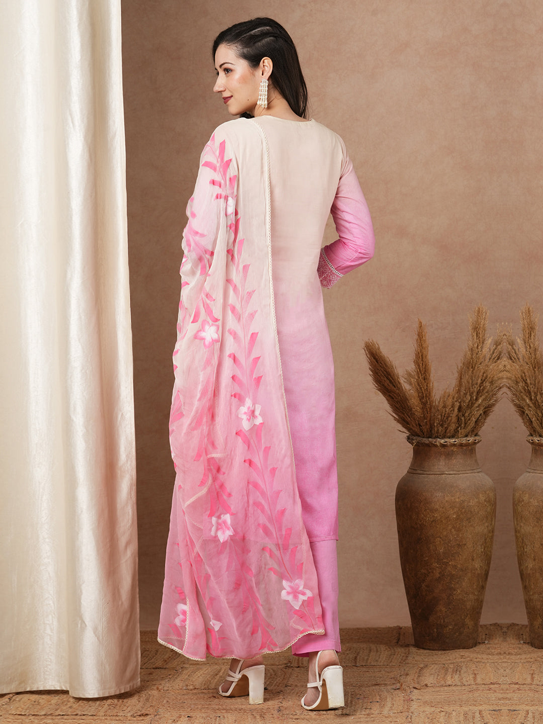 Ombre Dyed & Floral Embroidered Straight Fit Kurta with Pant & Hand Painted Dupatta - Pink