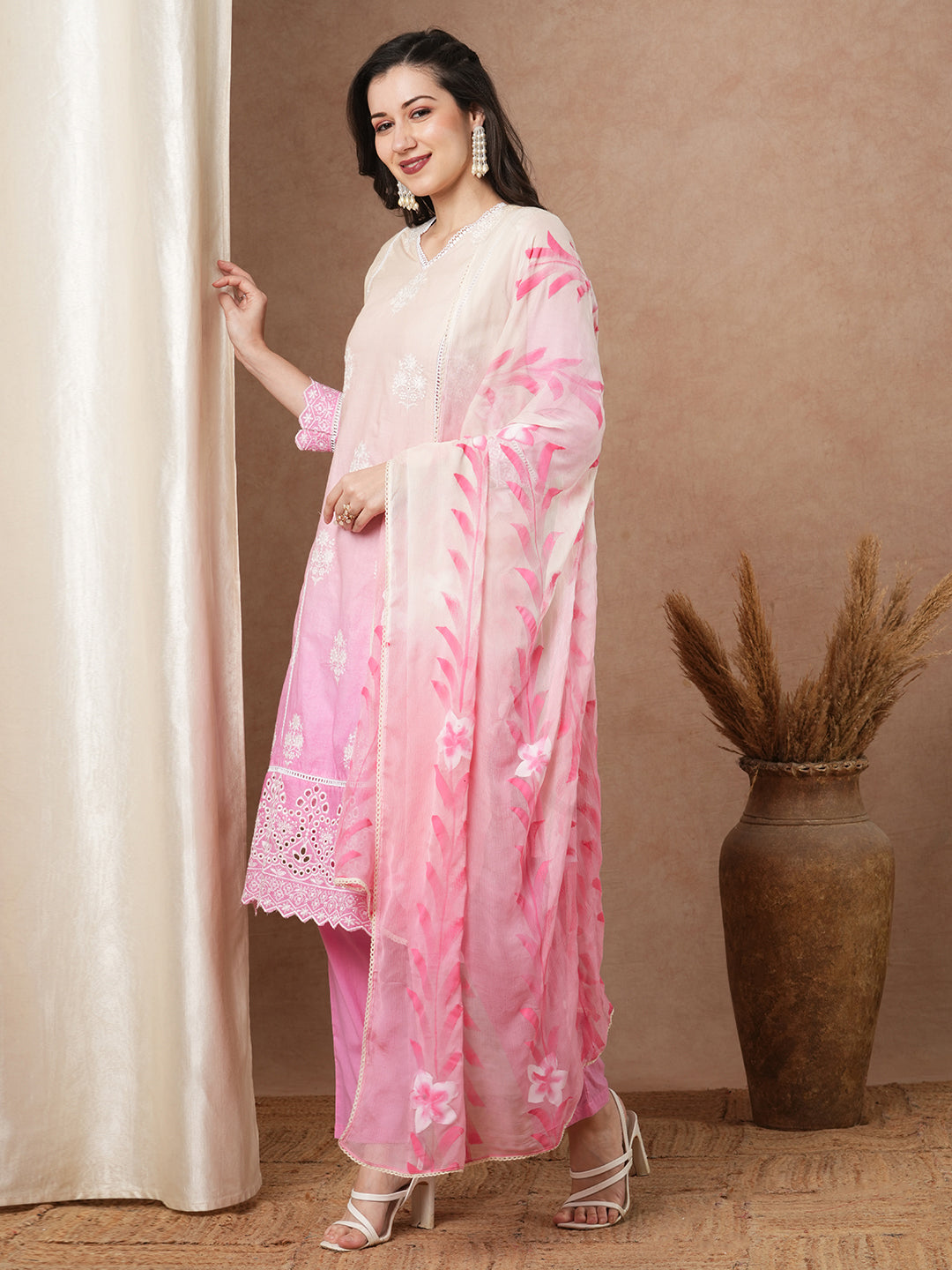Ombre Dyed & Floral Embroidered Straight Fit Kurta with Pant & Hand Painted Dupatta - Pink