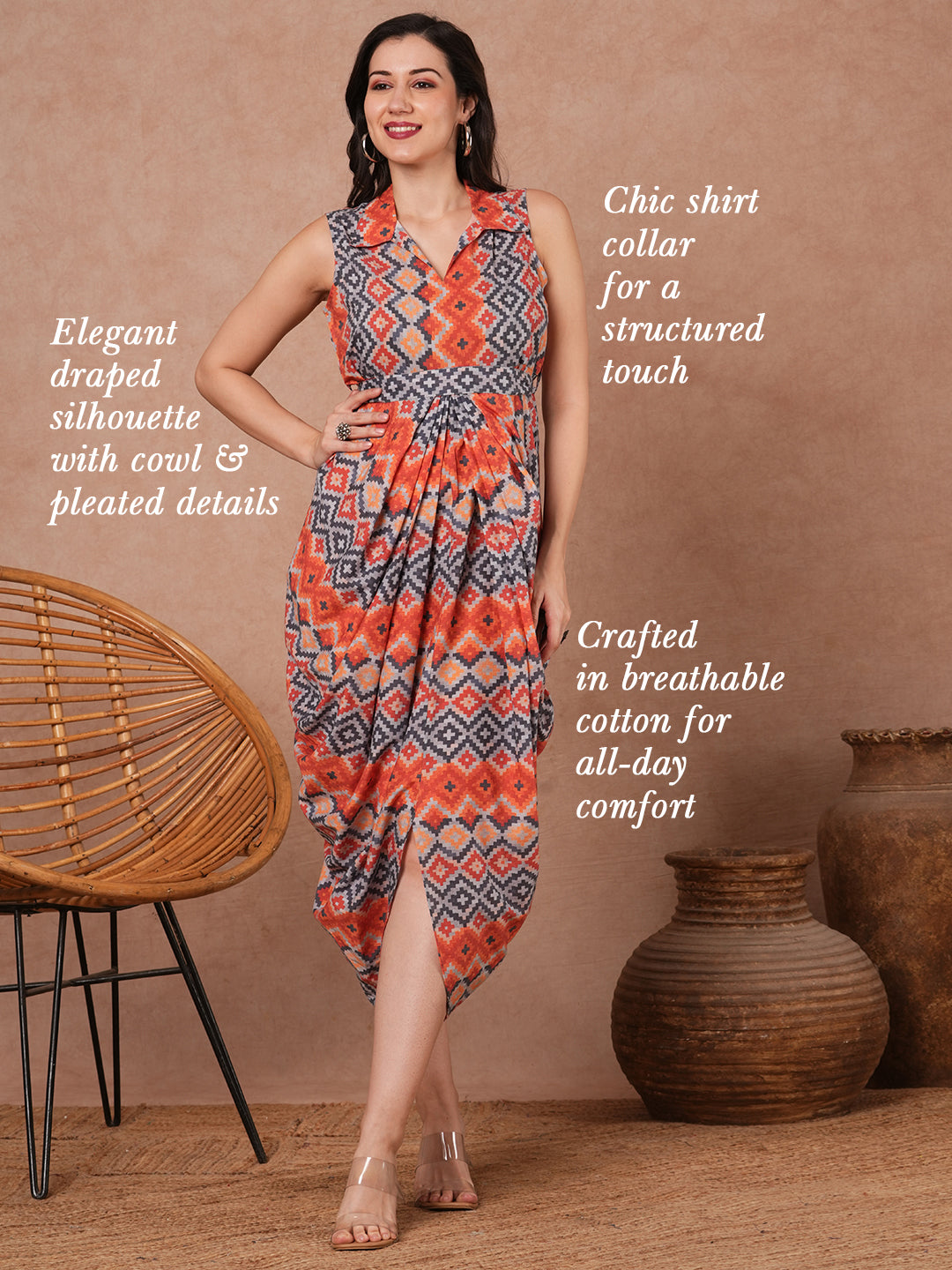 Geometric Printed Cowl & Pleated Maxi Dress with Belt - Multi