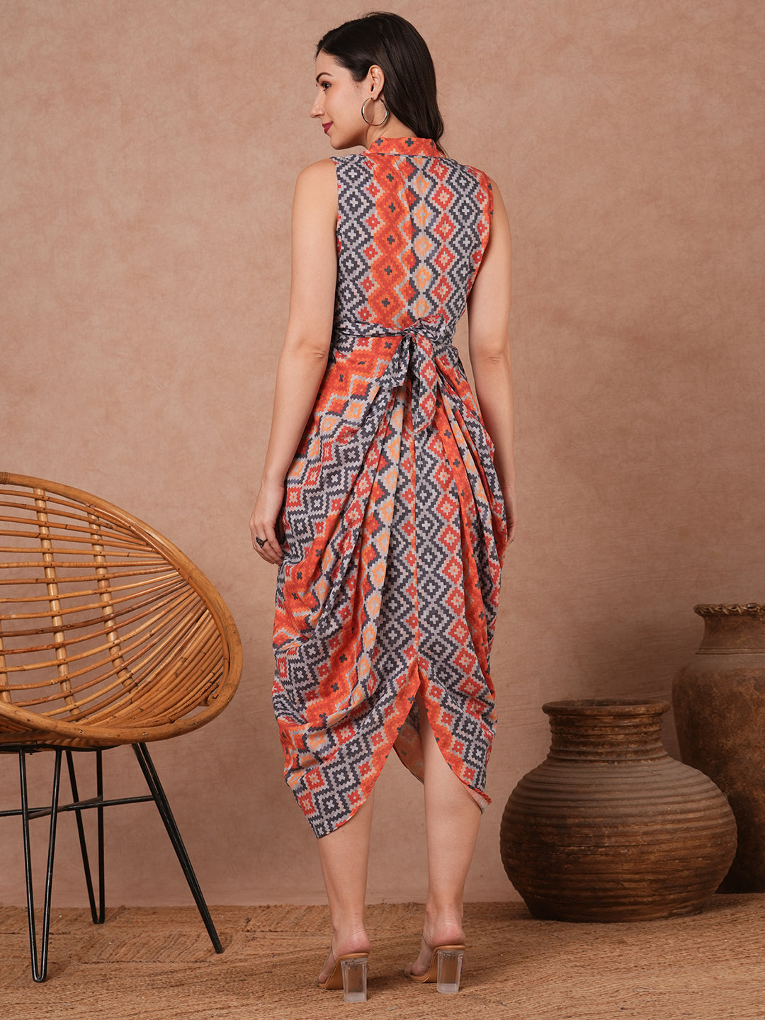 Geometric Printed Cowl & Pleated Maxi Dress with Belt - Multi