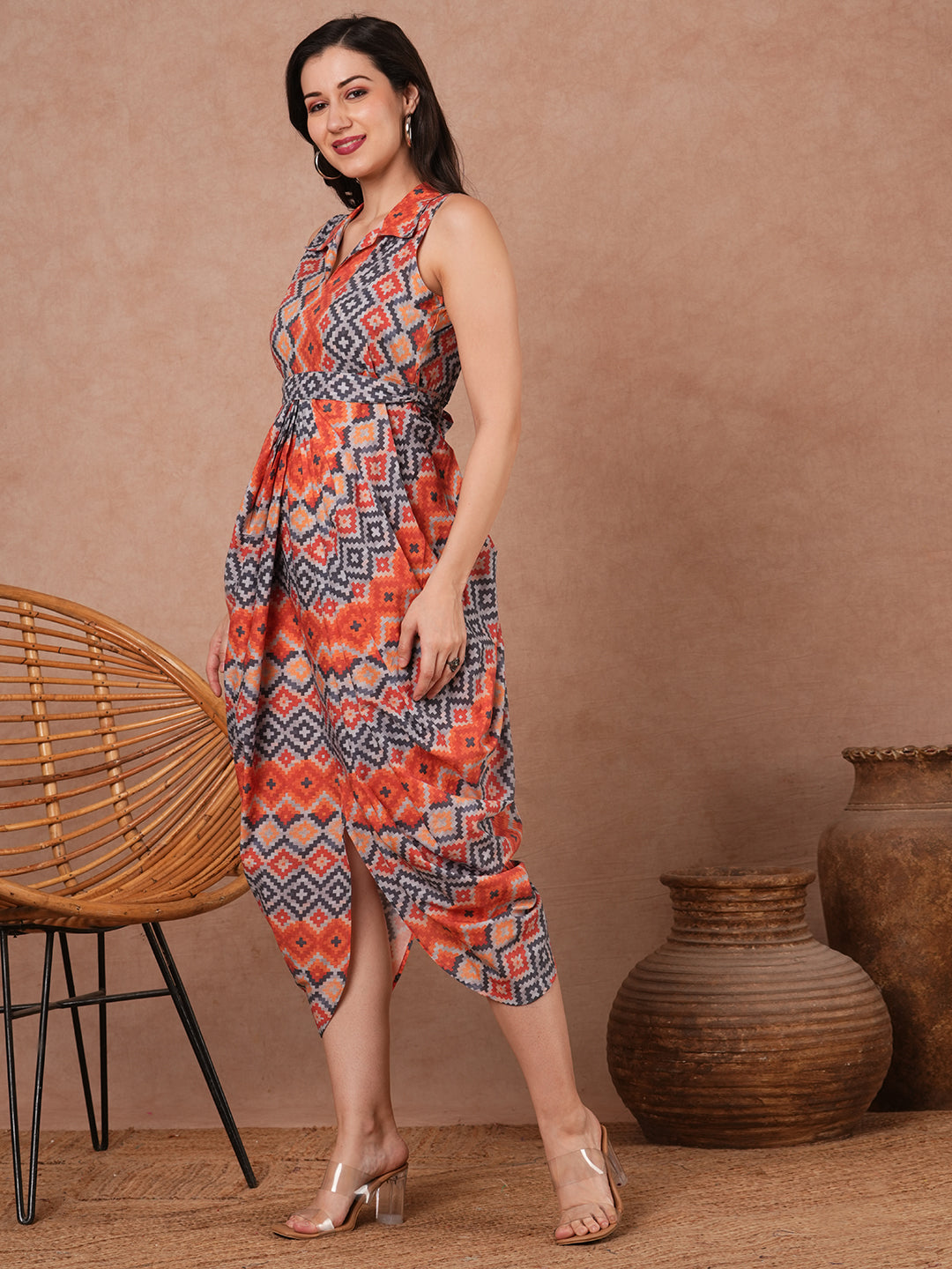 Geometric Printed Cowl & Pleated Maxi Dress with Belt - Multi