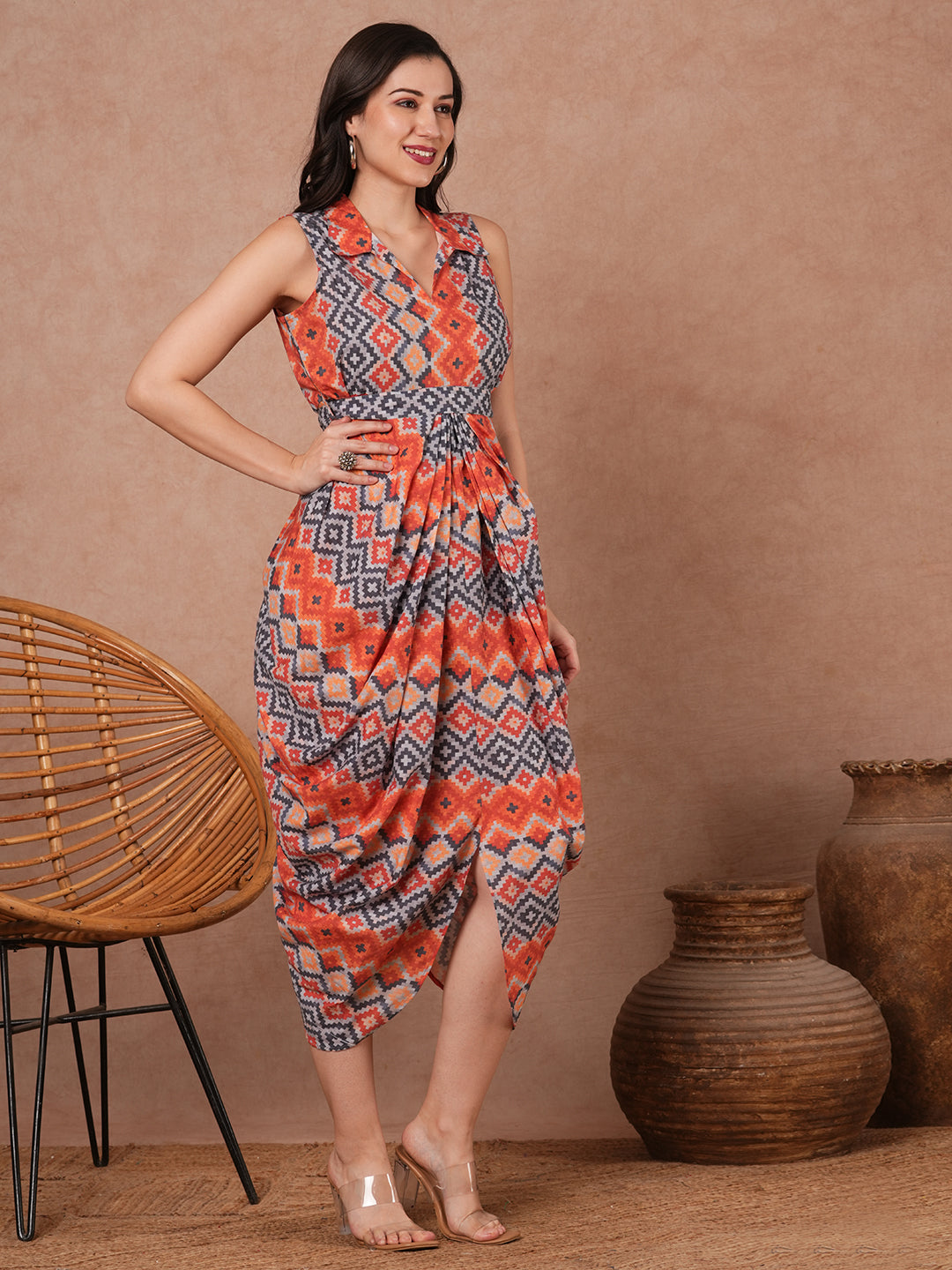 Geometric Printed Cowl & Pleated Maxi Dress with Belt - Multi