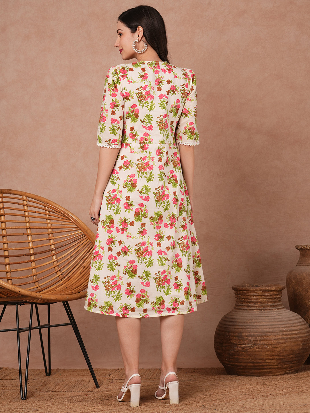 Ethnic Floral Printed A-Line Pleated Midi Dress - Cream