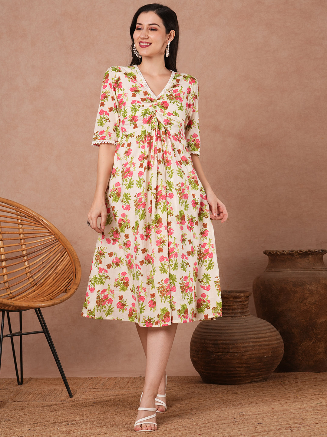 Ethnic Floral Printed A-Line Pleated Midi Dress - Cream