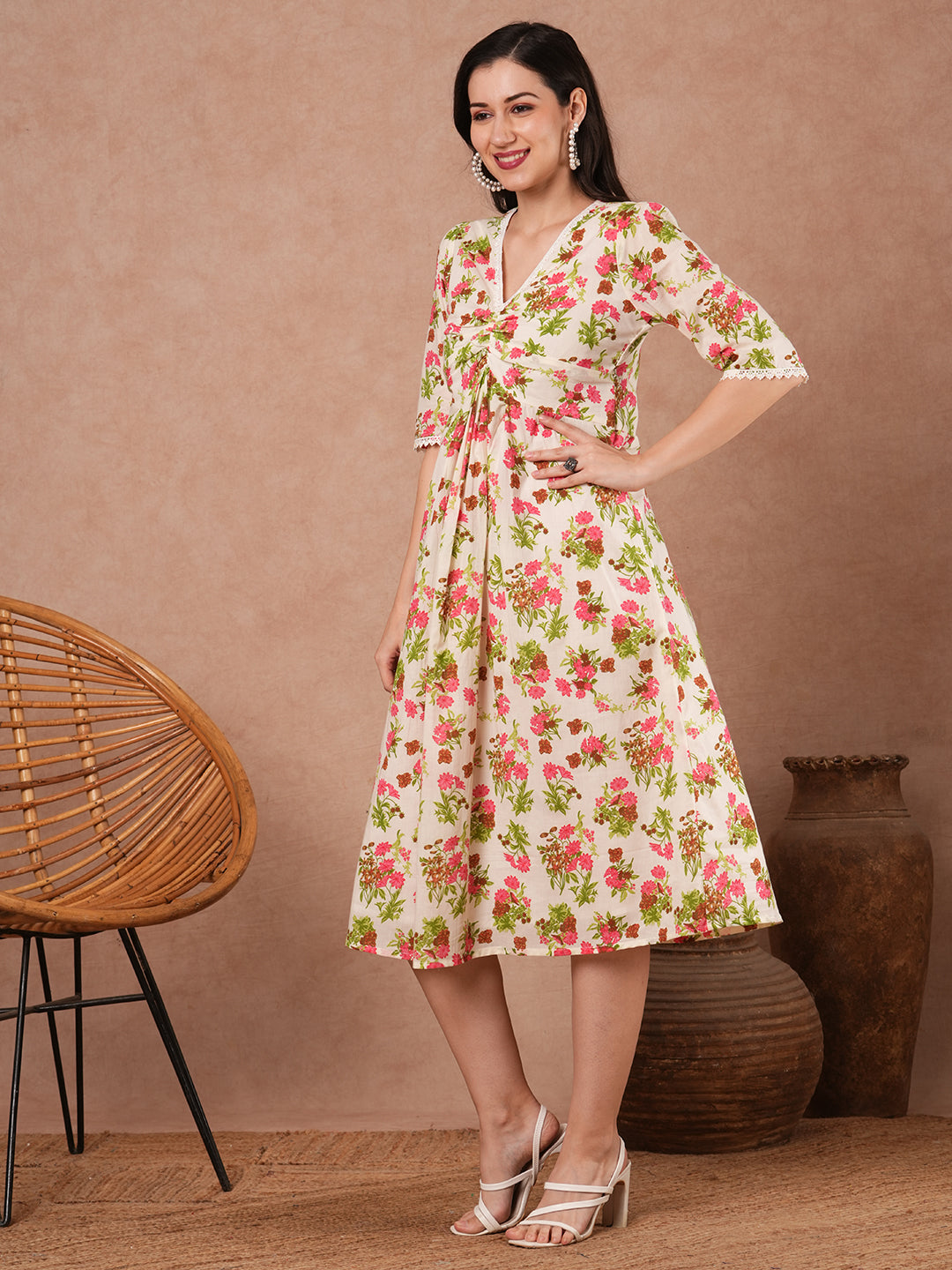 Ethnic Floral Printed A-Line Pleated Midi Dress - Cream