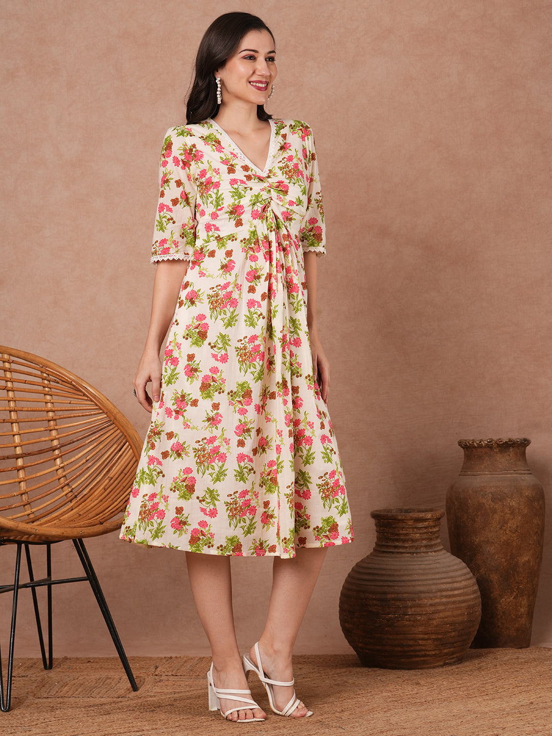 Ethnic Floral Printed A-Line Pleated Midi Dress - Cream