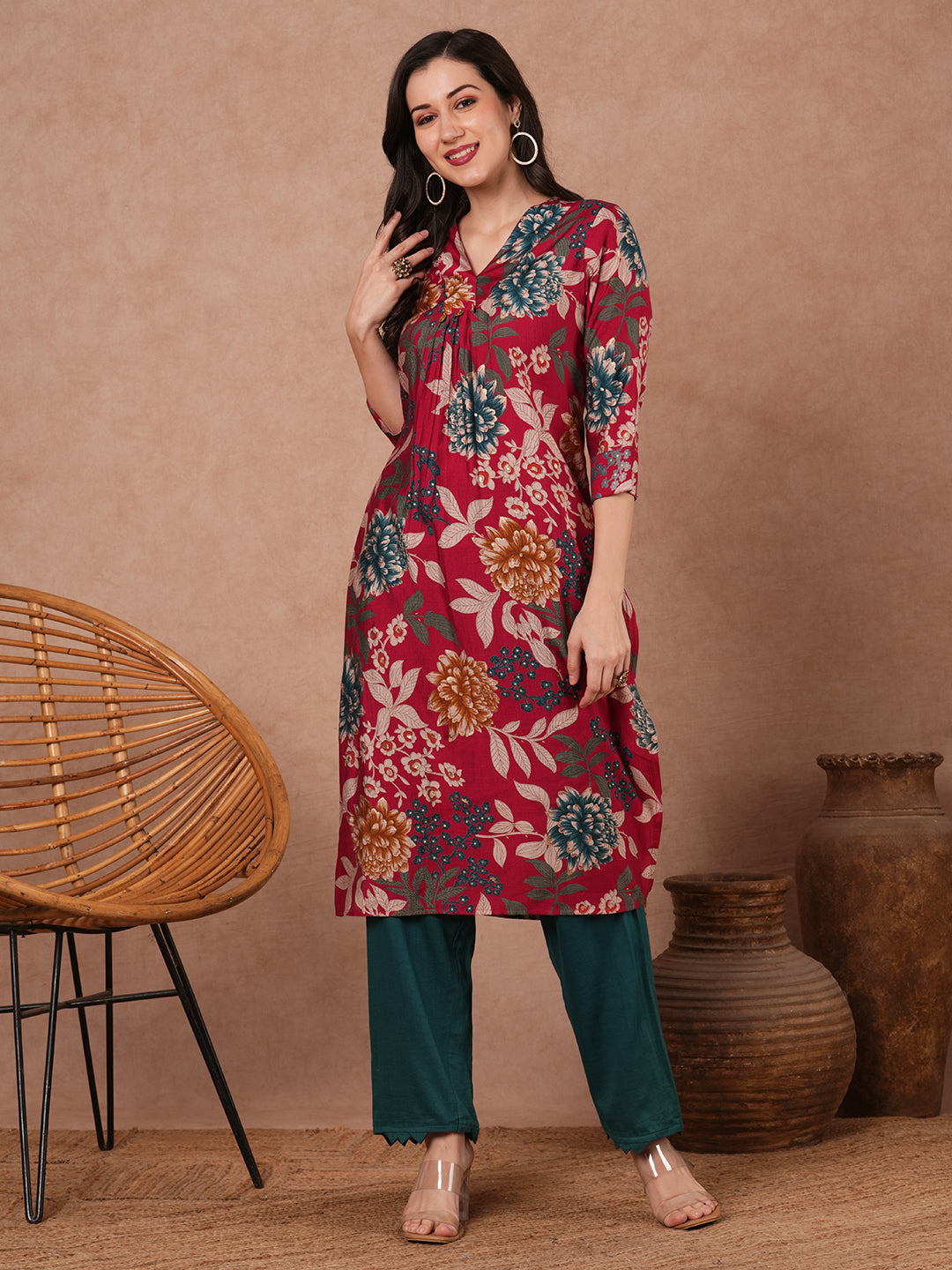 Abstract Floral Printed Straight Fit Kurta - Red