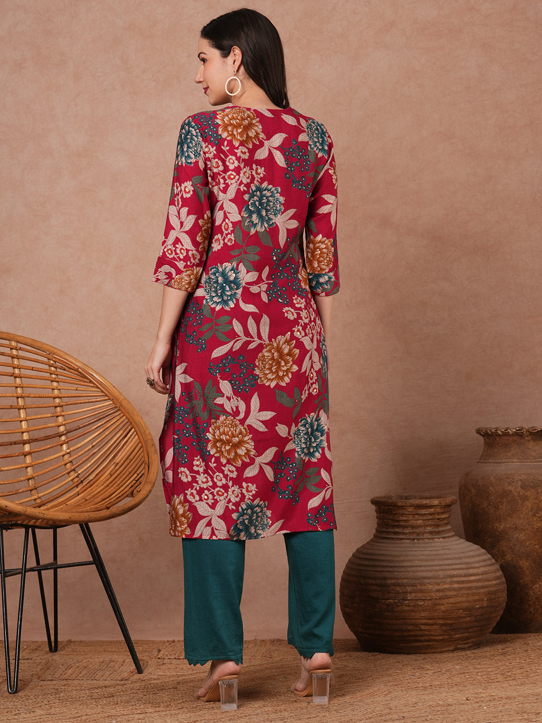 Abstract Floral Printed Straight Fit Kurta - Red