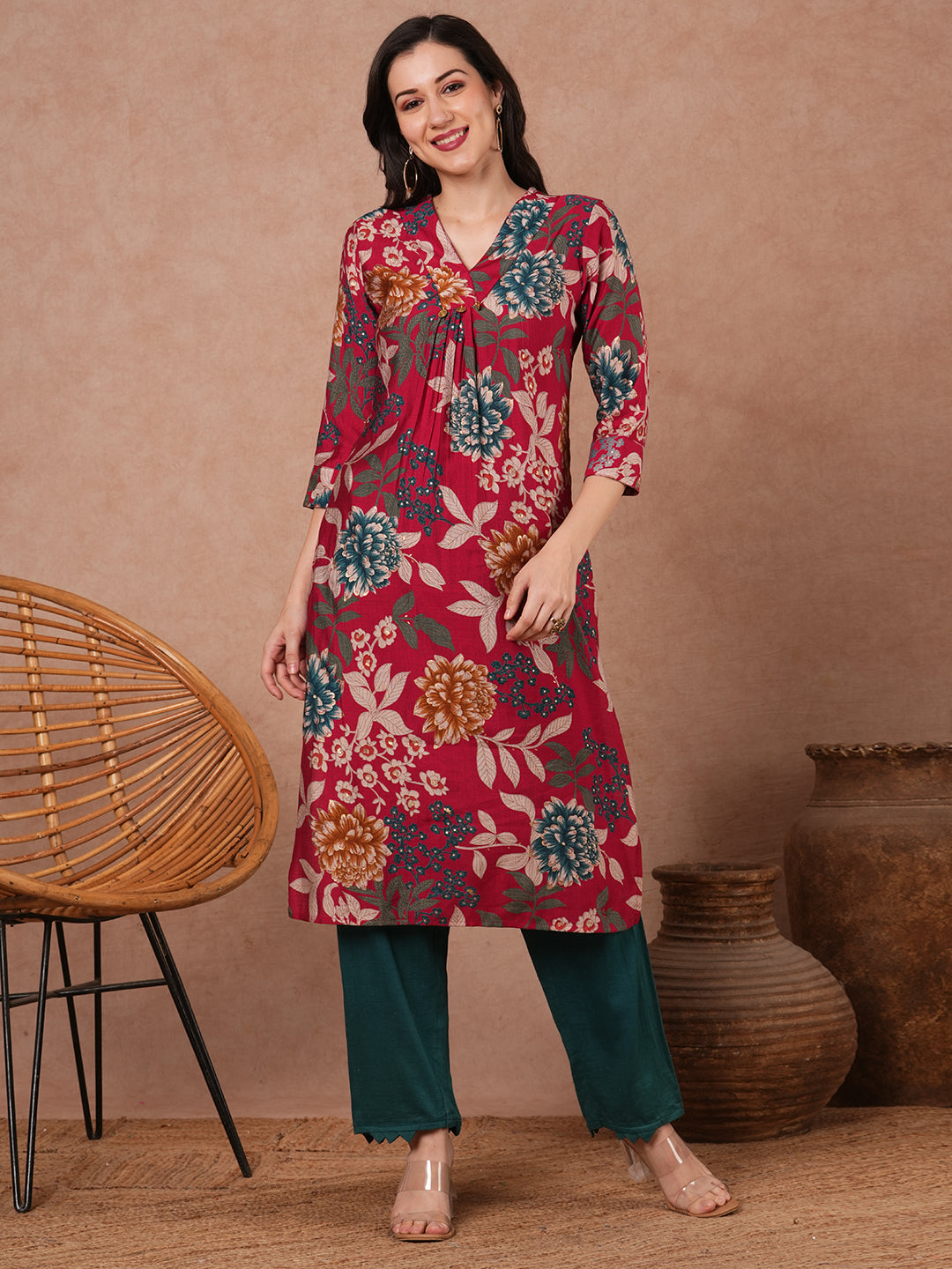 Abstract Floral Printed Straight Fit Kurta - Red