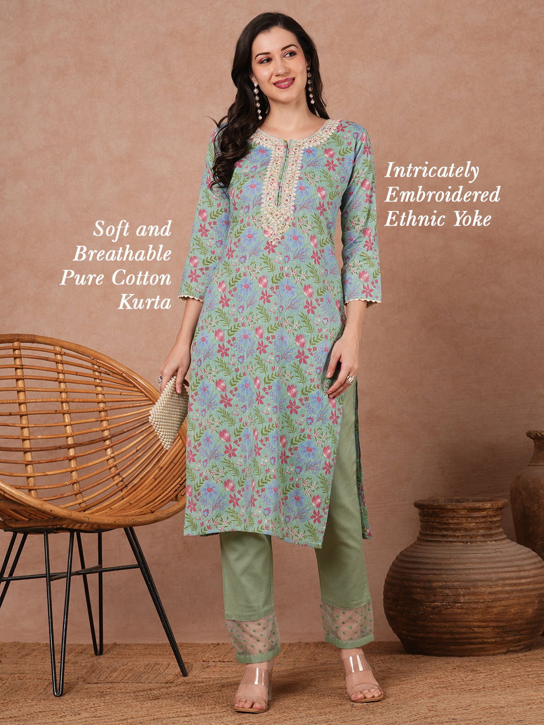 Ethnic Floral Printed Embroidered Straight Fit Kurta - Mint Green