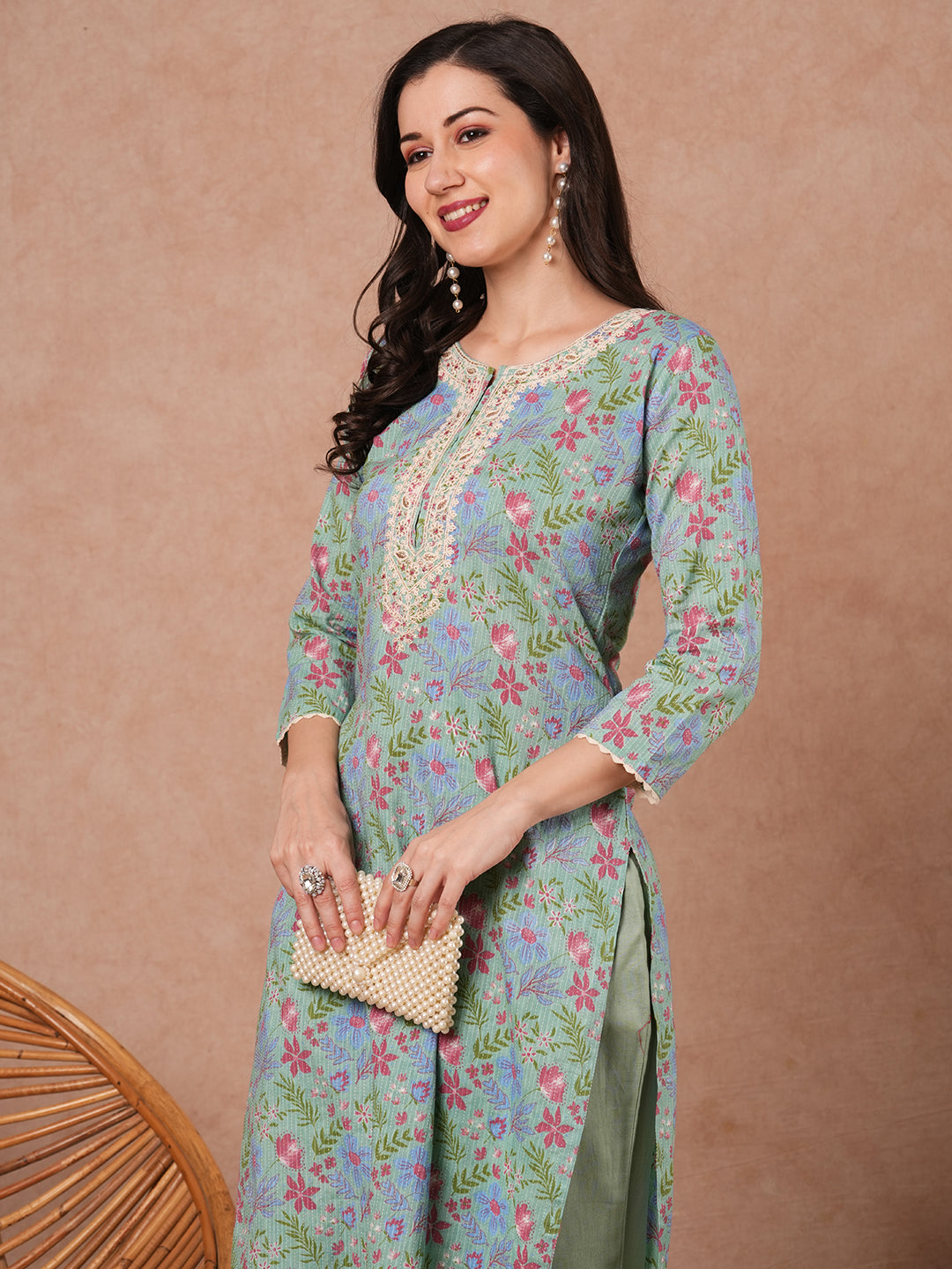 Ethnic Floral Printed Embroidered Straight Fit Kurta - Mint Green