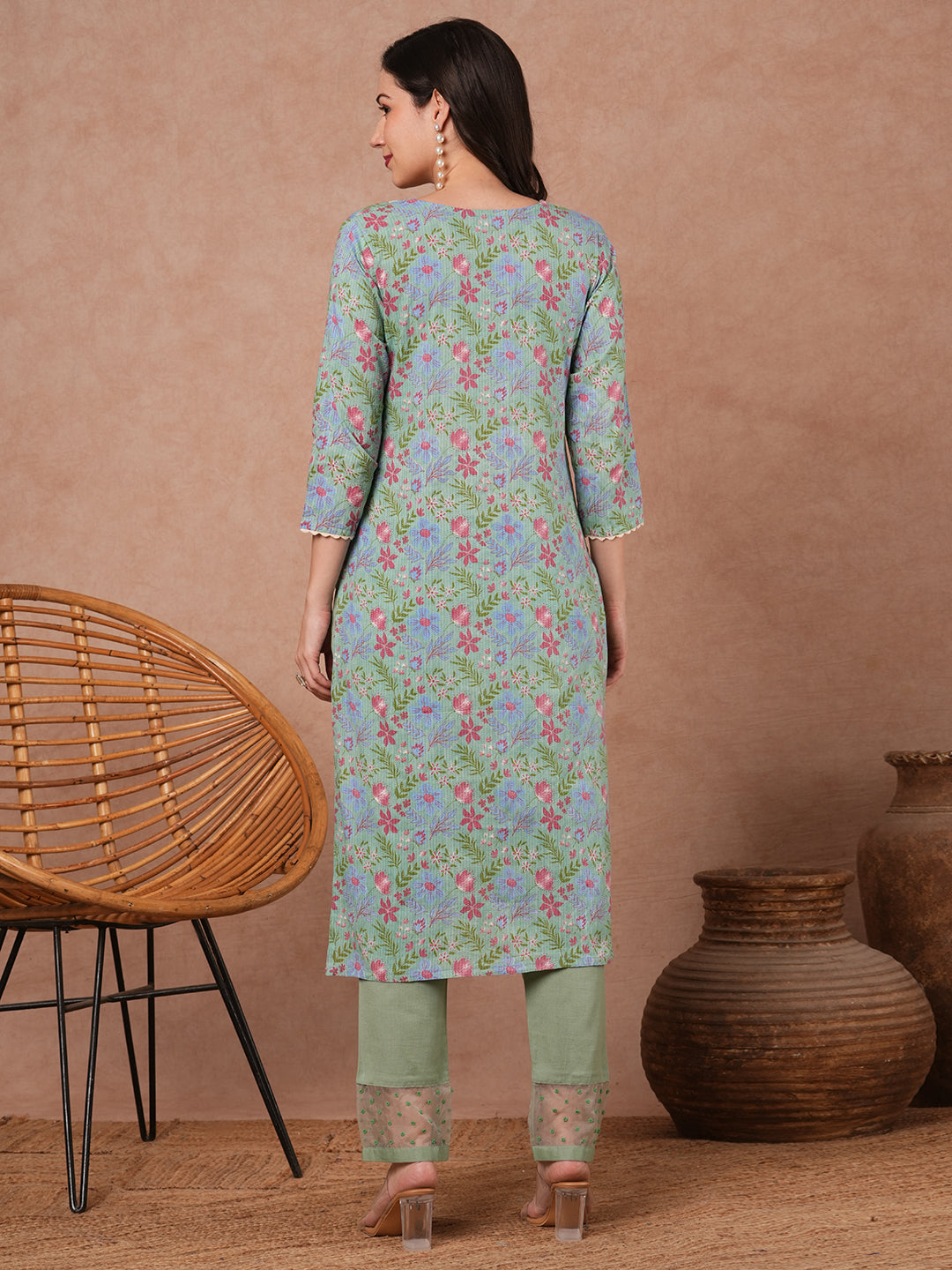 Ethnic Floral Printed Embroidered Straight Fit Kurta - Mint Green