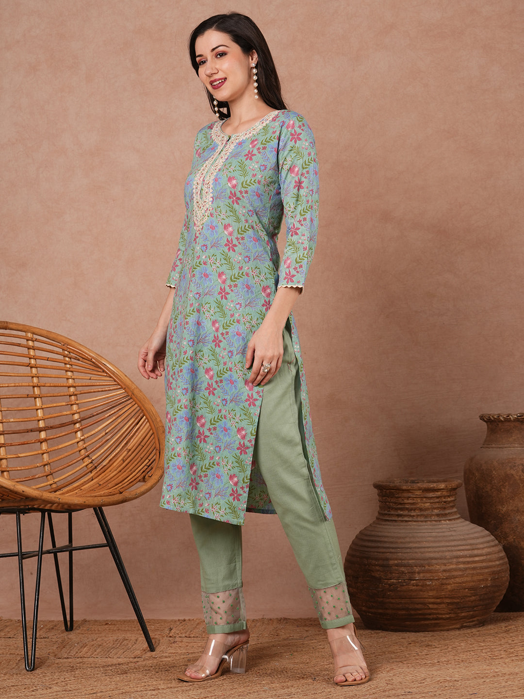 Ethnic Floral Printed Embroidered Straight Fit Kurta - Mint Green